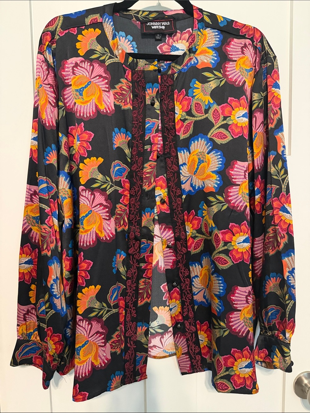Johnny Was 100% Silk Black Floral Button-Down Blouse with Pink, Yellow & Blue